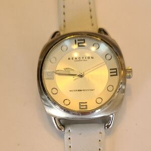 Reaction Kenneth Cole Silver Dial Watch with White Leather Strap